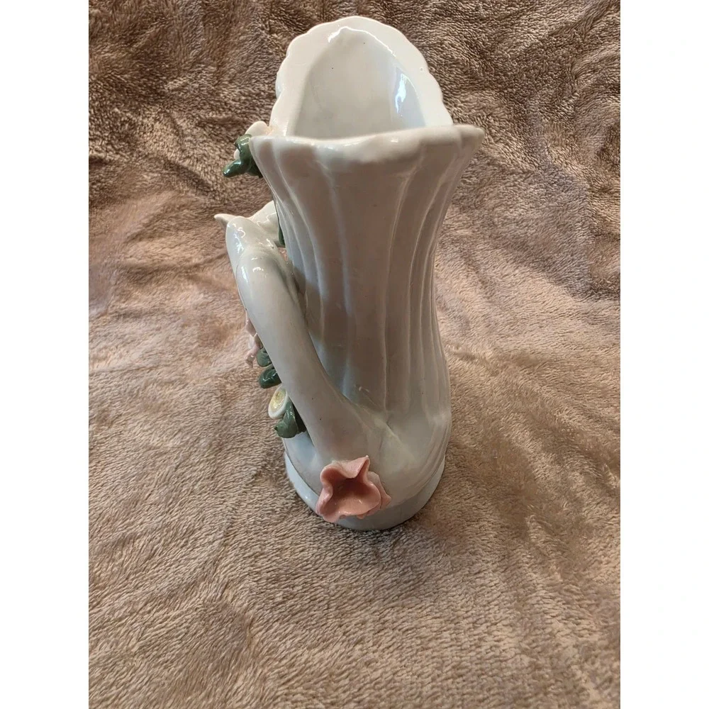 Vintage Porcelain Double Swan Vase with 3D Pink Rose Floral Accents Ceramic